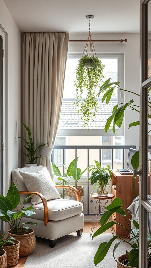 Cozy reading nook on a small balcony with a chair, plants, and natural light.
