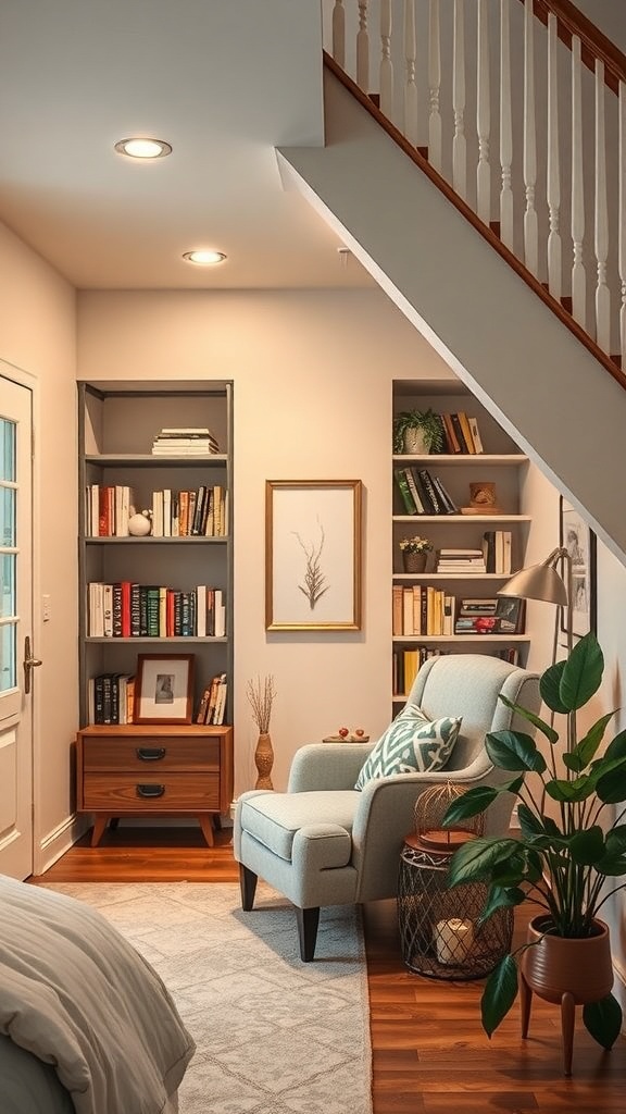 Cozy reading nook under stairs with a chair, bookshelves, and plants