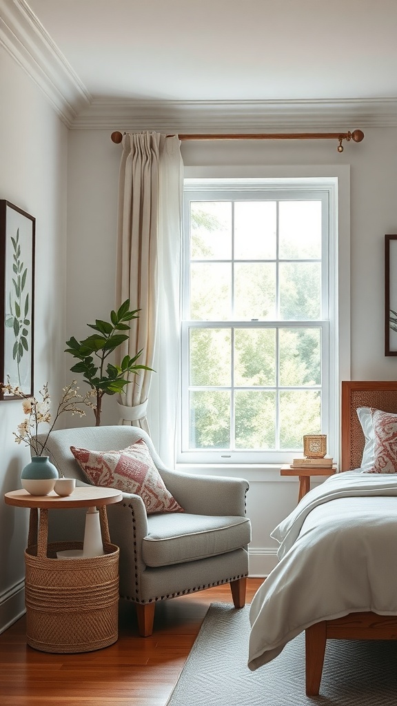 Cozy reading nook with a chair, side table, and natural light from a window