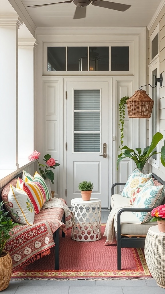Cozy seating area on a porch with colorful outdoor cushions, a small table, and plants.