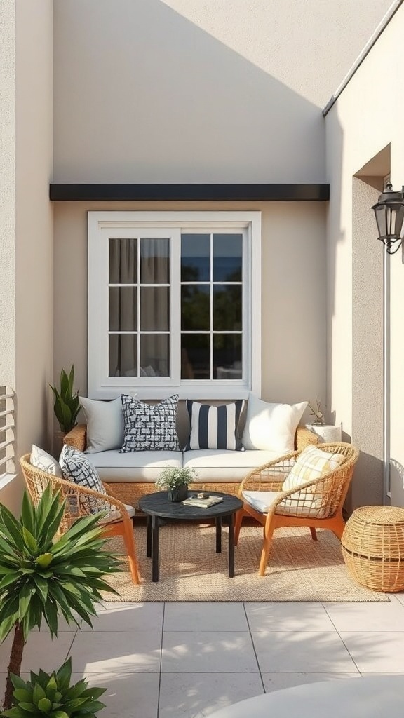 A cozy patio nook with a small sofa, woven chairs, and a round table surrounded by plants