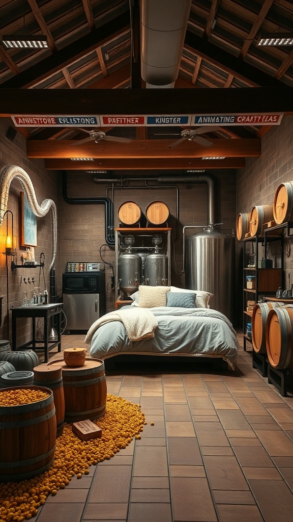A cozy craft beer brewing station in an unfinished basement with barrels and brewing equipment.