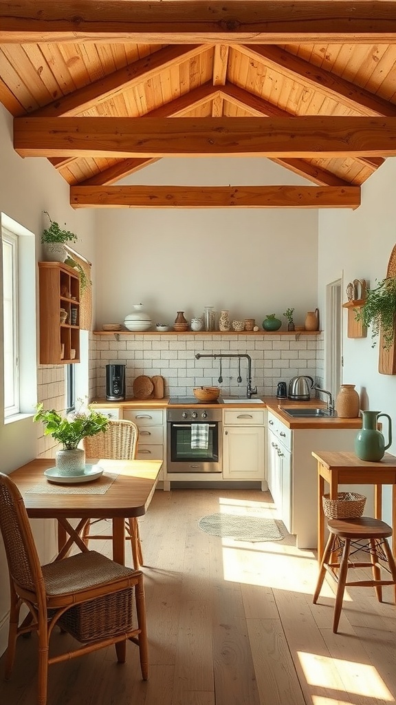 A tiny cottage kitchen with wooden beams, a cozy table, and rustic decor.