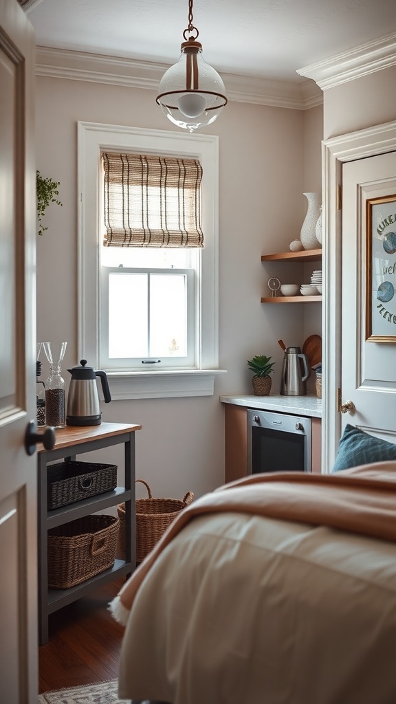 A cozy butler's pantry coffee station with a kettle, decorative items, and natural light.