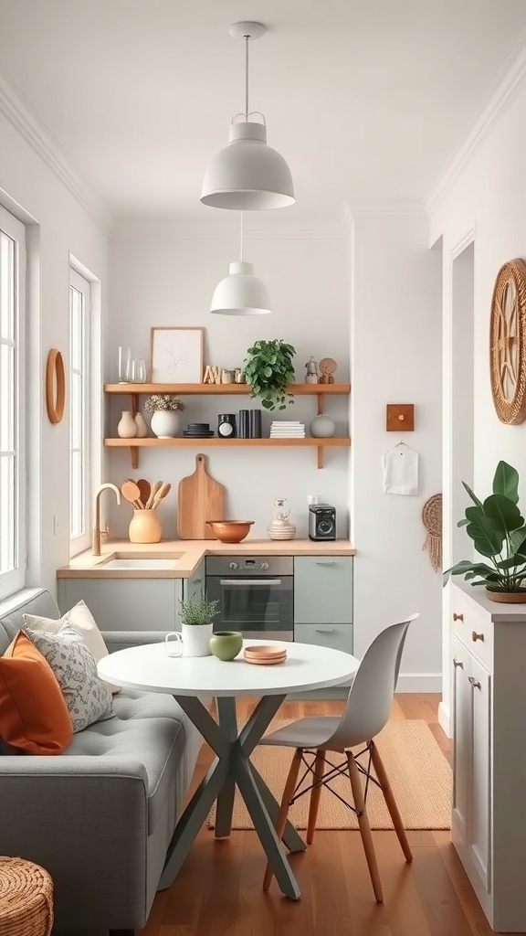 A cozy and modern tiny kitchenette featuring open shelves, a small round table, and stylish furniture.