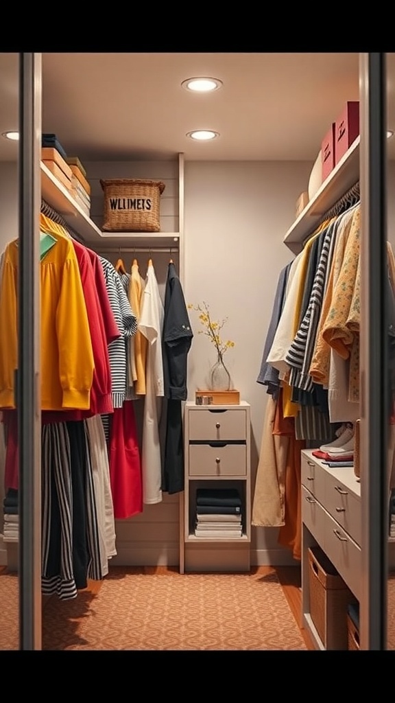 A well-organized narrow walk-in closet featuring color-coded clothing and storage solutions.