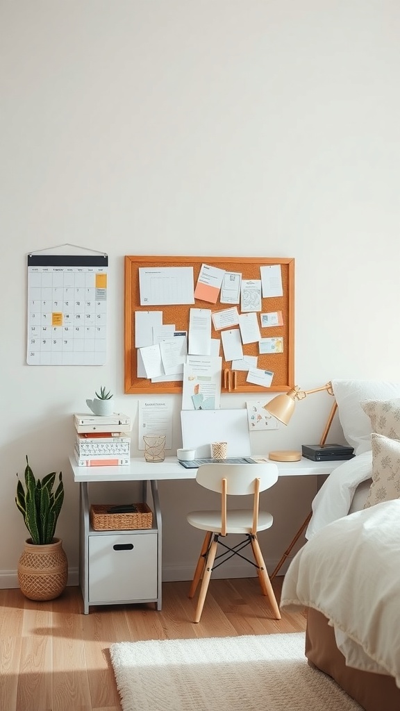 A cozy home workspace with a calendar, bulletin board, and organized desk.