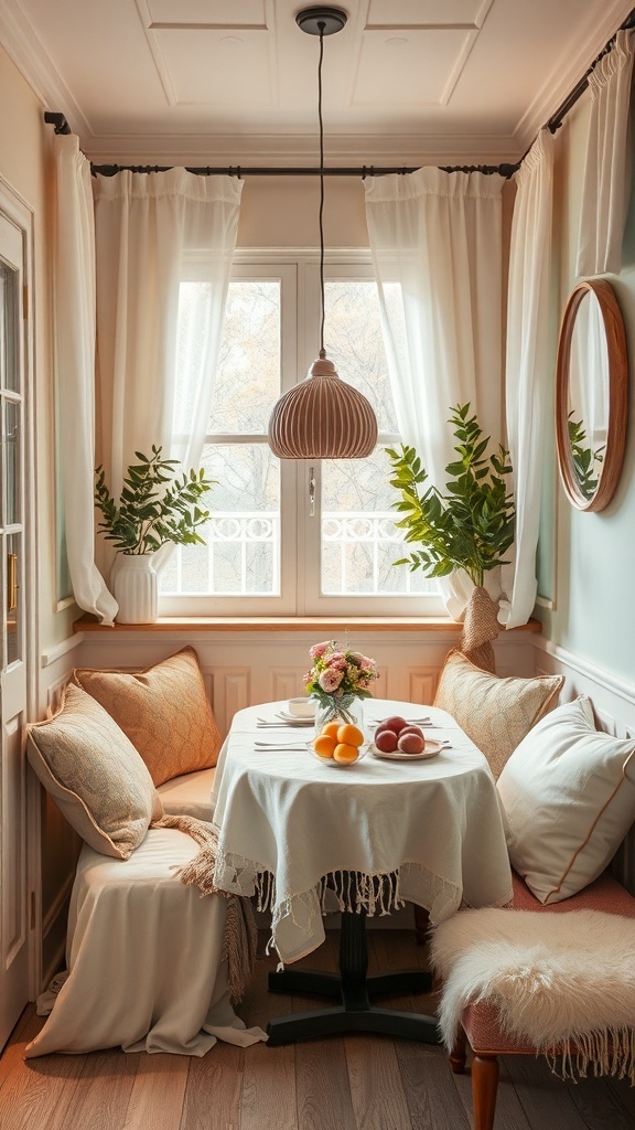 A cozy breakfast nook with soft cushions, a round table, and natural light filtering through sheer curtains.