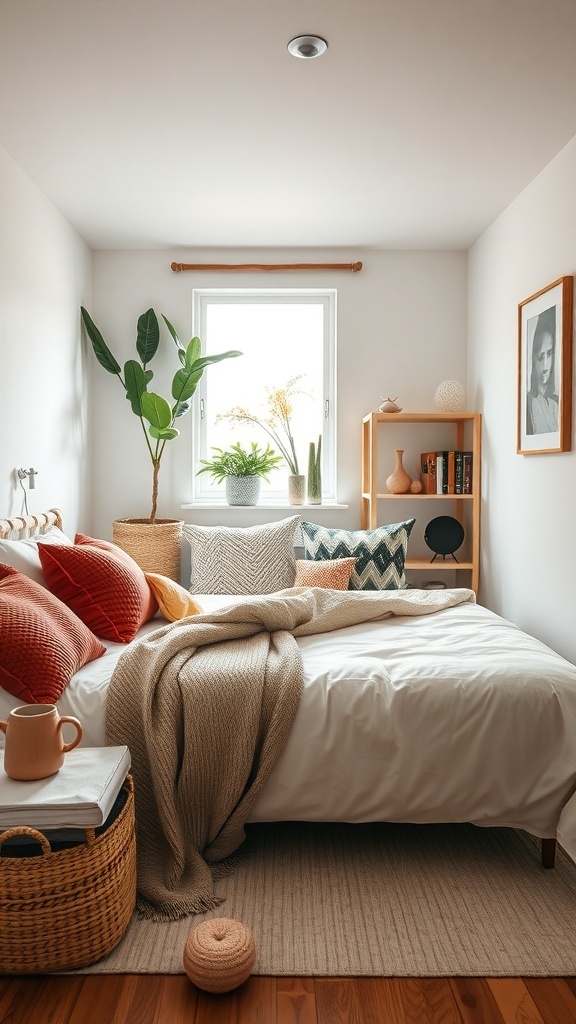 A cozy small bedroom showcasing soft textiles, colorful pillows, and natural elements.