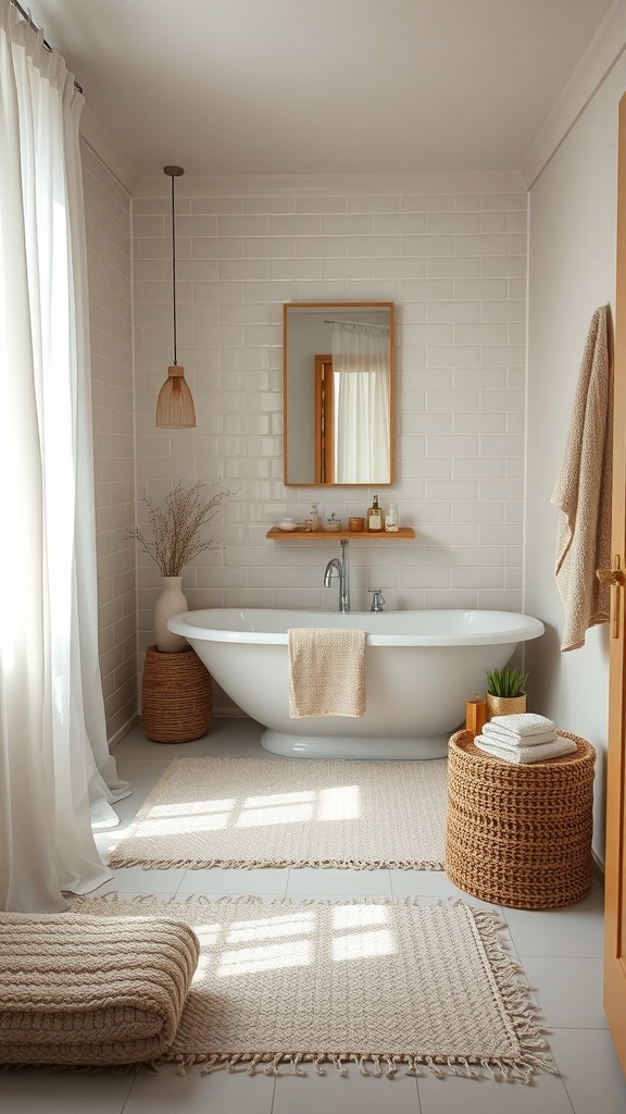 A cozy tiny house bathroom featuring a freestanding tub, soft lighting, and textiles.