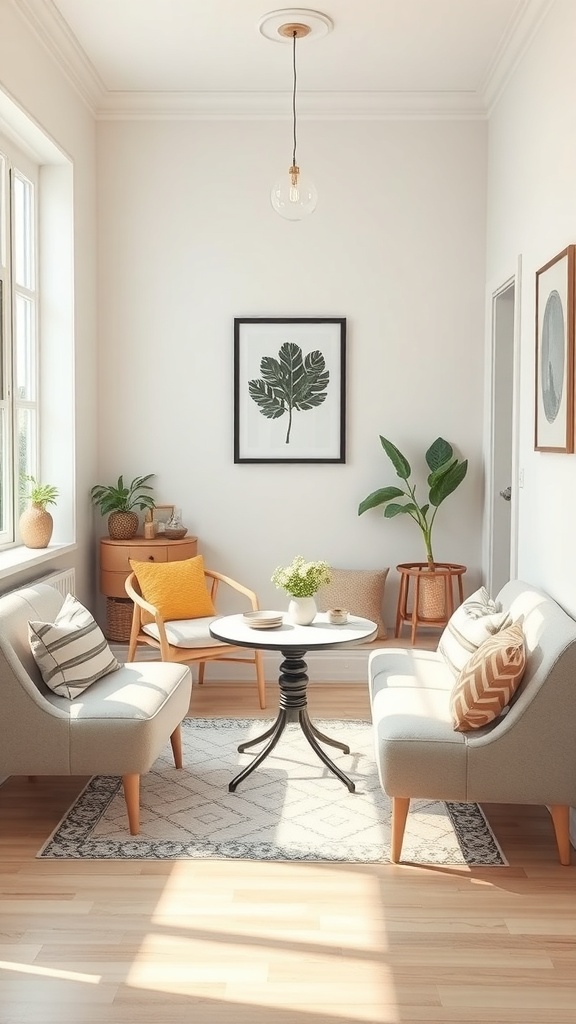Cozy breakfast nook with two chairs, a small table, and plants.