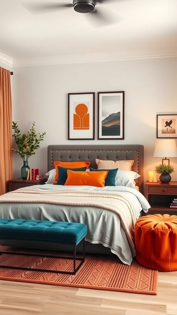 A cozy bedroom featuring a bed with orange and teal pillows, a teal bench, and warm-toned decor.