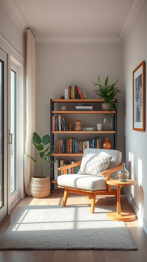 Cozy nook in a tiny apartment featuring a chair, bookshelf, plant, and natural light.