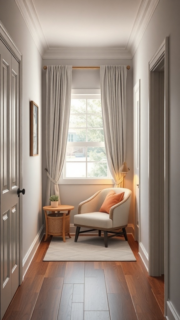 A cozy nook in a small foyer with a chair, side table, and window.