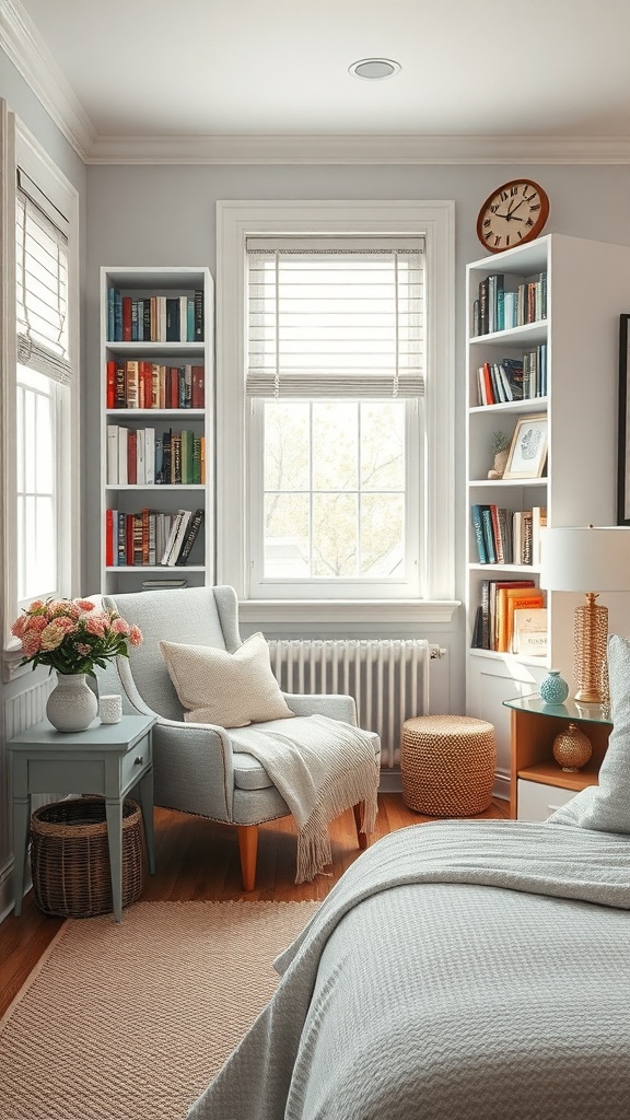 A cozy reading nook in a small guest bedroom with a chair, bookshelves, and a side table.