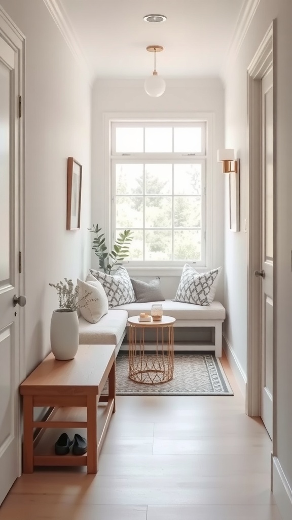 A narrow entryway featuring a bench, small coffee table, and decorative elements for a cozy nook.