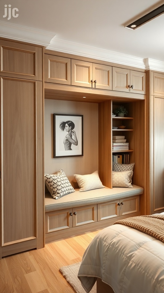 A cozy nook featuring a fitted wardrobe with a built-in bench and decorative items.