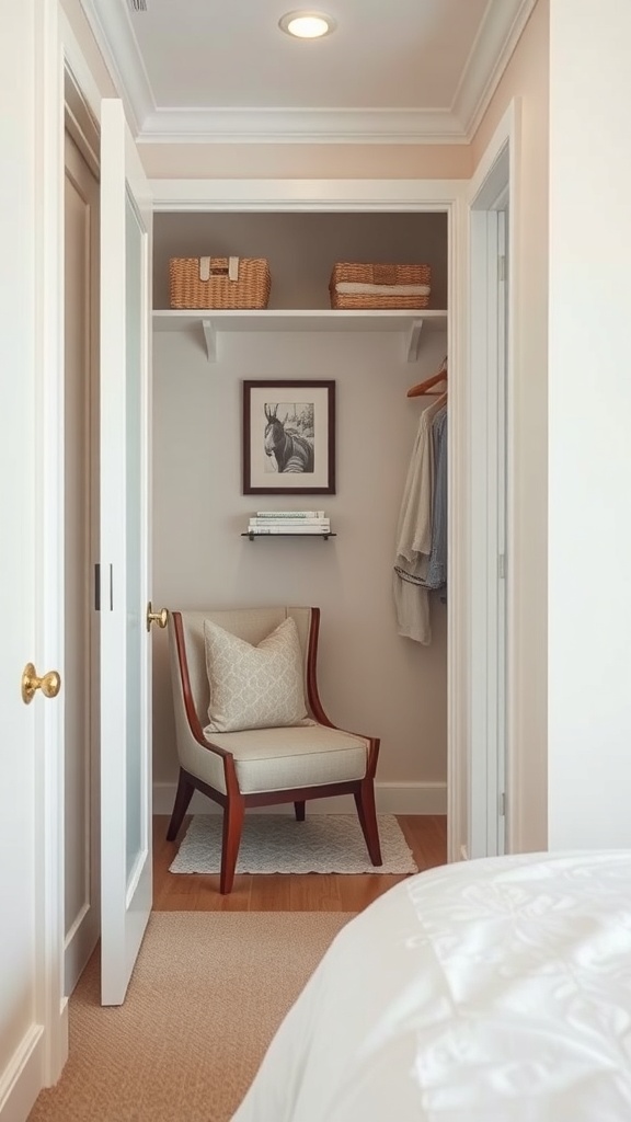 A small walk-in closet transformed into a cozy reading nook with a chair and shelves.
