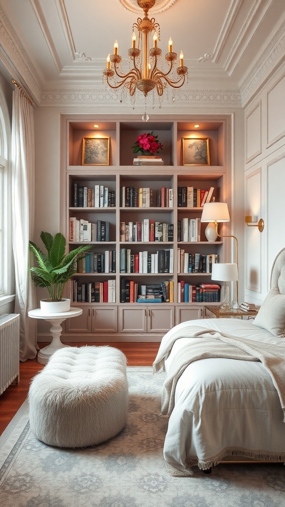 Cozy reading nook with a chandelier, bookshelves, and a comfortable ottoman.