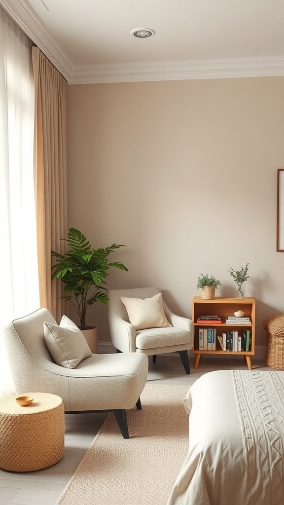 Cozy reading nook with beige chairs, a side table, and plants in a beige living room.