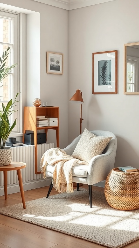A cozy reading nook featuring a soft armchair, throw blanket, and natural light.