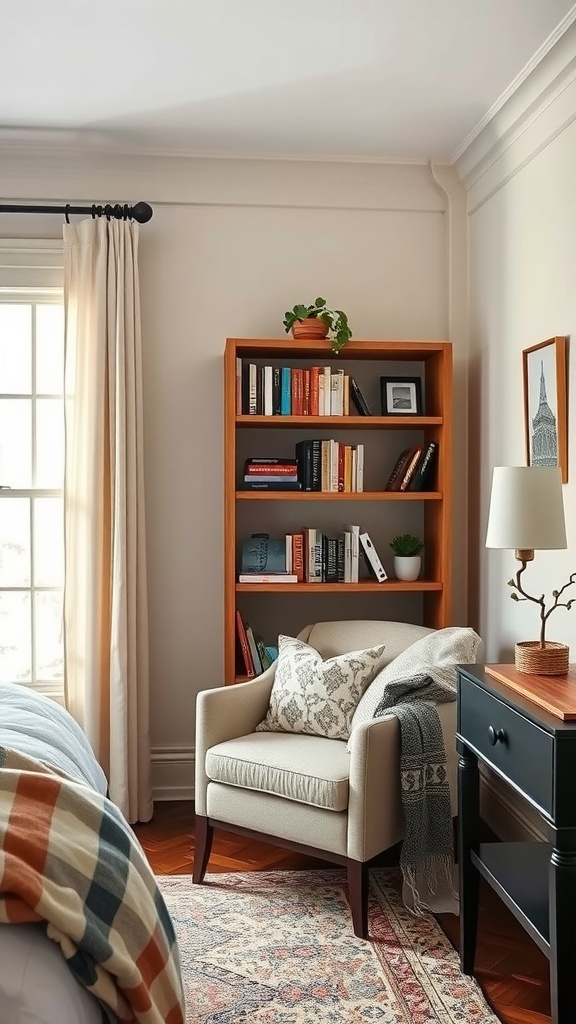 Cozy reading nook with a comfortable armchair and a well-organized bookshelf in a small room.