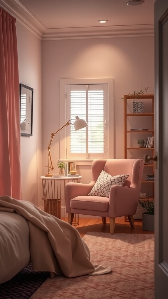 Cozy reading nook with pink accents, featuring a pink armchair, side table, lamp, and bookshelf.