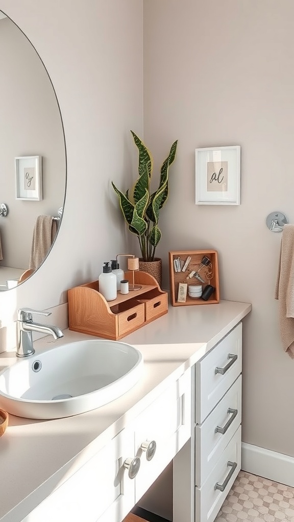 A well-organized bathroom counter with a wooden organizer, skincare products, and a plant.