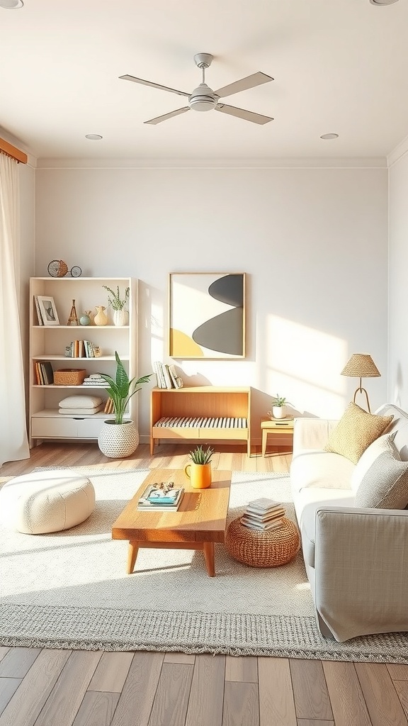 A cozy family-friendly living room with a neutral color palette, comfortable sofa, and ample storage.