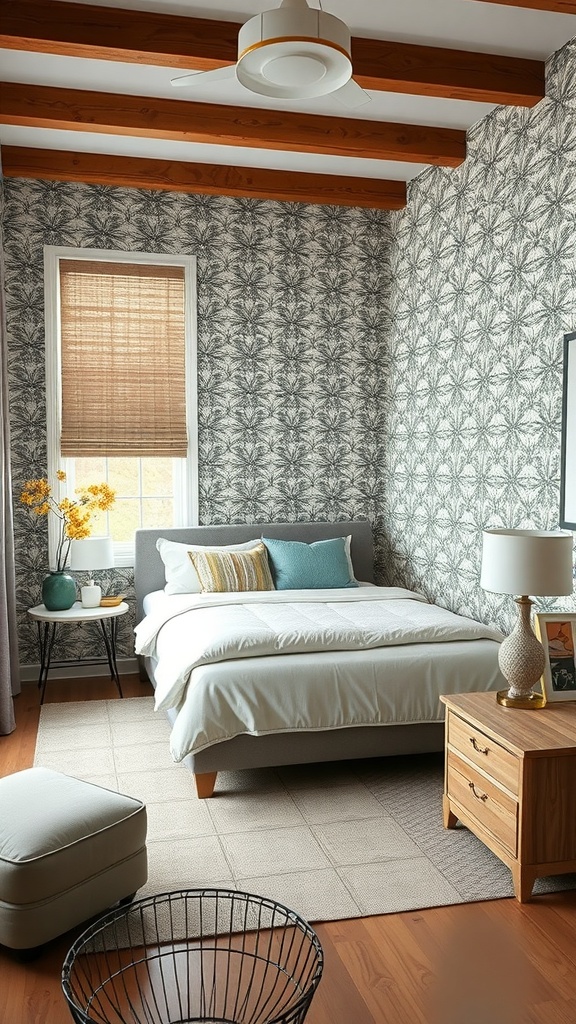 A small guest bedroom featuring a patterned wallpaper, wooden beams, and cozy furnishings.