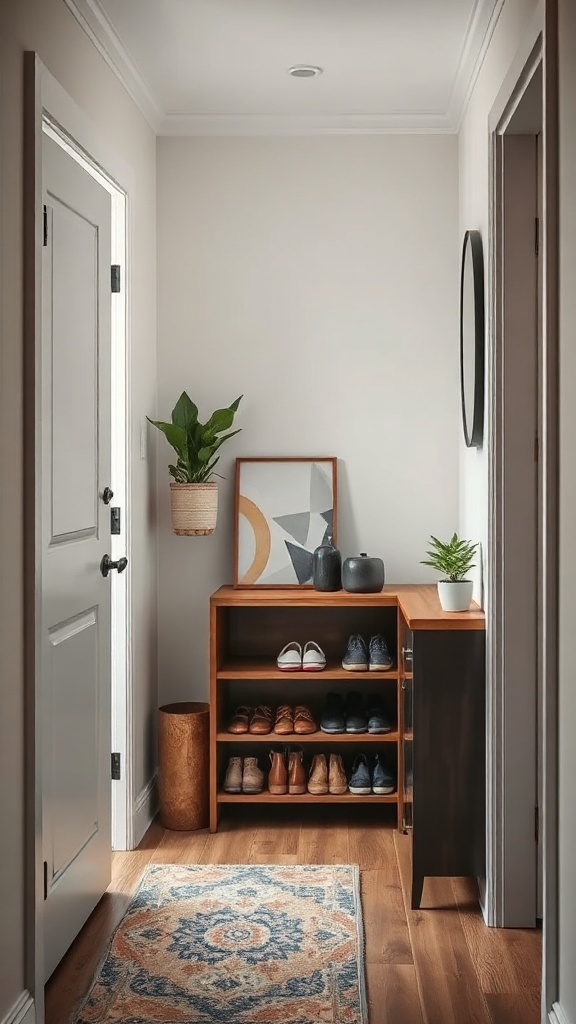 A narrow entryway featuring a stylish wooden shoe rack, plants, and decorative artwork.