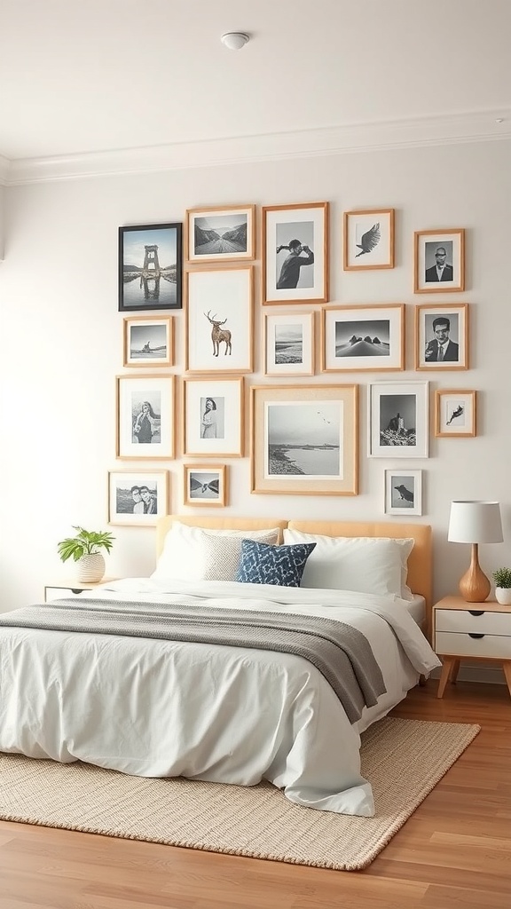 A cozy bedroom featuring a gallery wall with various framed black and white photos above the bed.