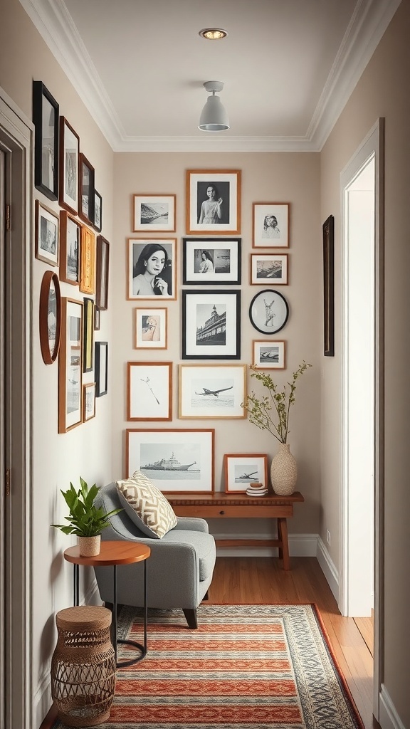 Cozy hallway with a gallery wall of framed art and photographs