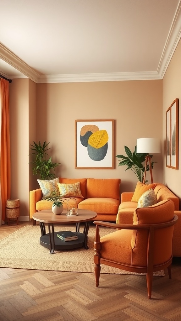 A cozy tiny living room with orange furniture, beige walls, and green plants.