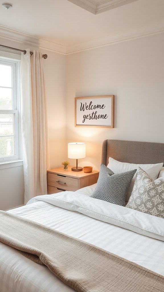 Cozy small guest bedroom with a welcome sign, soft lighting, and layered bedding.