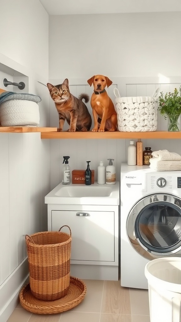 A cozy laundry room featuring a dog and cat on a wooden shelf, surrounded by organized baskets and cleaning supplies.