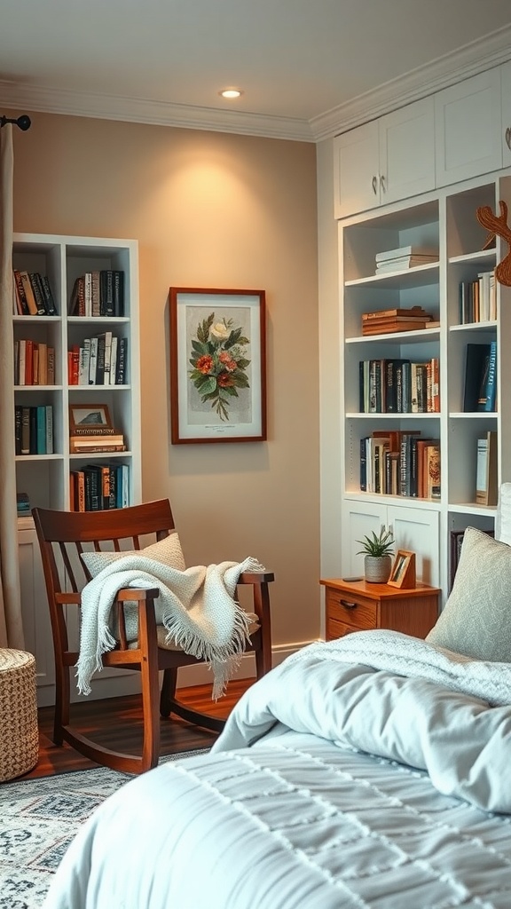 Cozy reading nook in a bedroom with a rocking chair, bookshelves, and soft lighting.