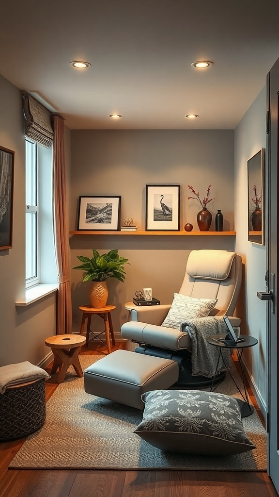 A cozy relaxation area featuring a comfortable chair, art on the walls, and a warm atmosphere.
