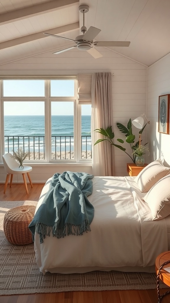 A cozy bedroom in a tiny beach house with ocean views and natural light.