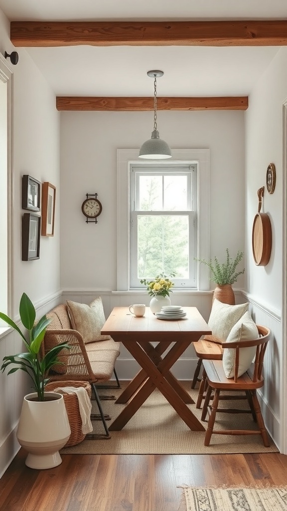 Cozy breakfast nook with wooden beams, a table, and plants.