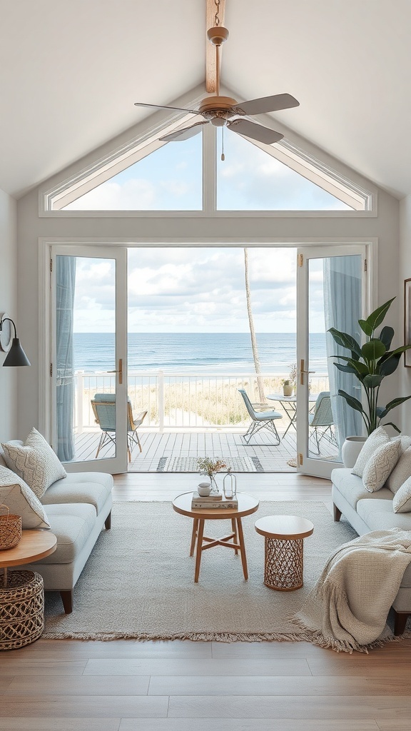 A bright and airy living room in a tiny beach house featuring large glass doors leading to a sunny deck.