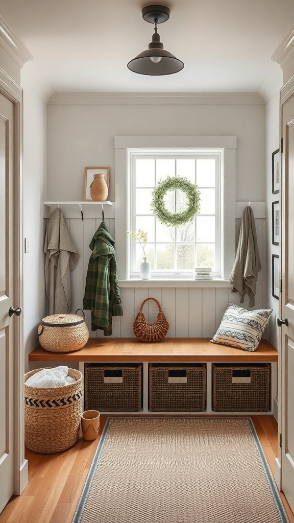A cozy mudroom with a wooden bench, baskets for storage, and hooks for hanging coats.