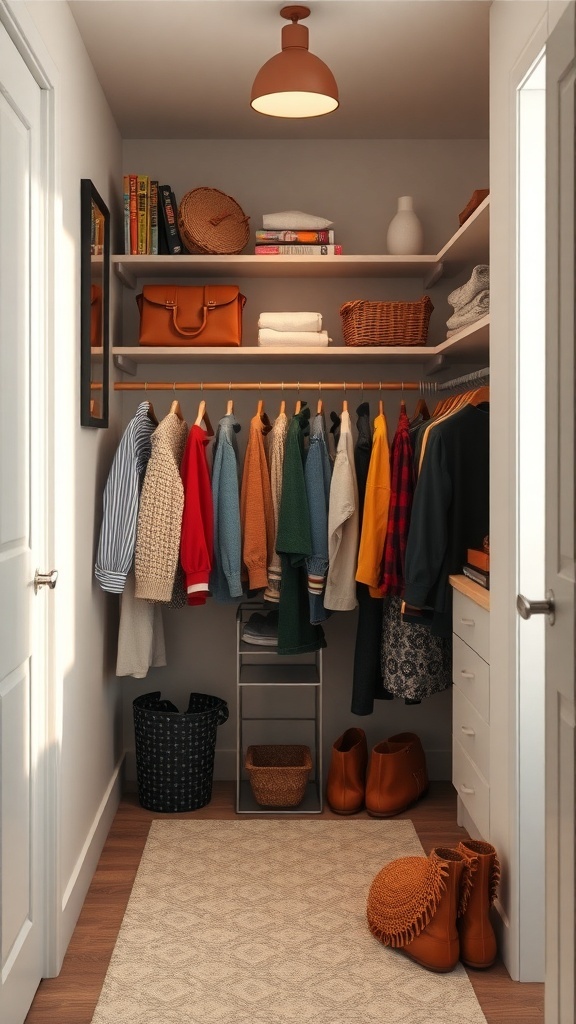Seasonal organization in a narrow walk-in closet with colorful clothing and neatly stored items.