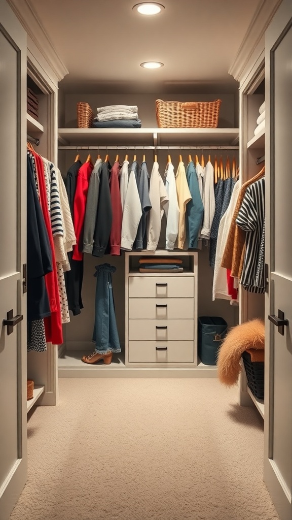 A small walk-in closet with organized clothing and storage baskets.