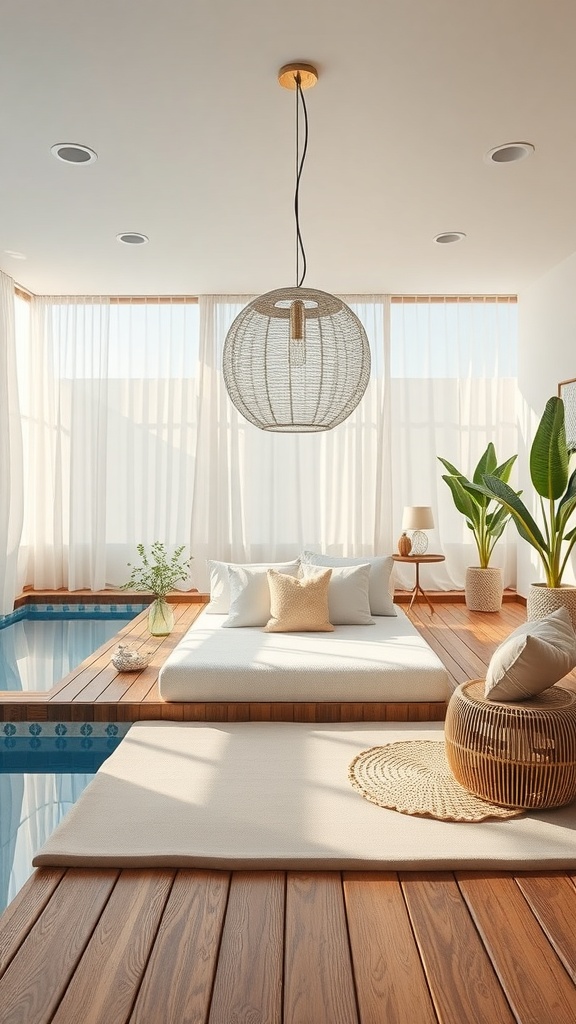 A serene spa-like atmosphere with a wooden deck, soft cushions, plants, and warm lighting.