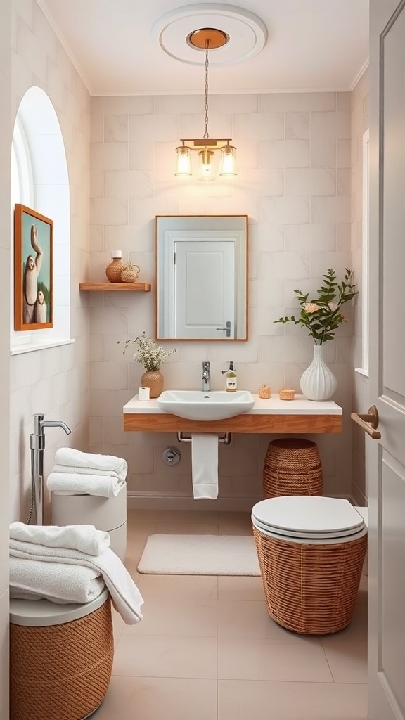 A small bathroom with neutral colors, wooden accents, and decorative elements creating a spa-like atmosphere