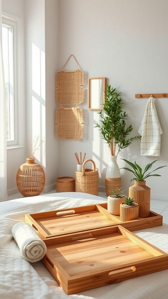 A serene bathroom setup featuring wooden trays, plants, and natural light.