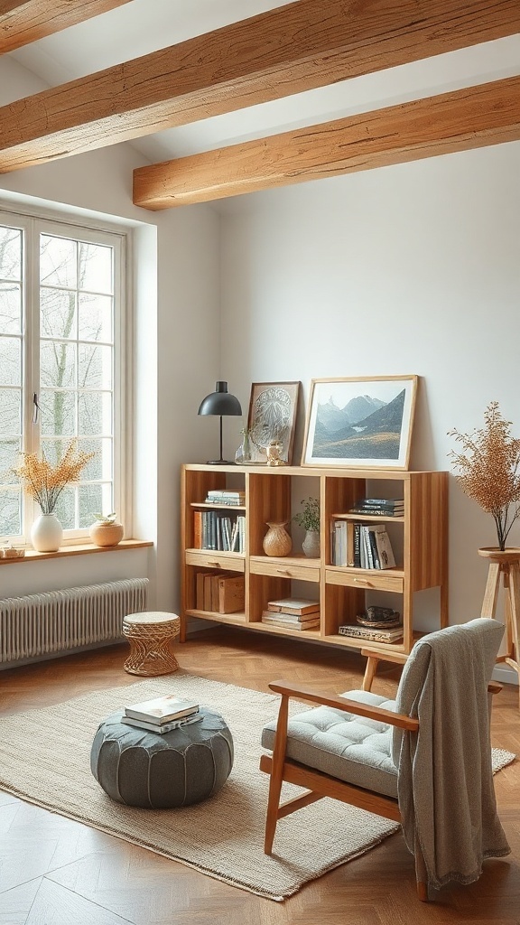 A cozy study room with wooden beams, a bookshelf, a comfortable chair, and decorative plants.