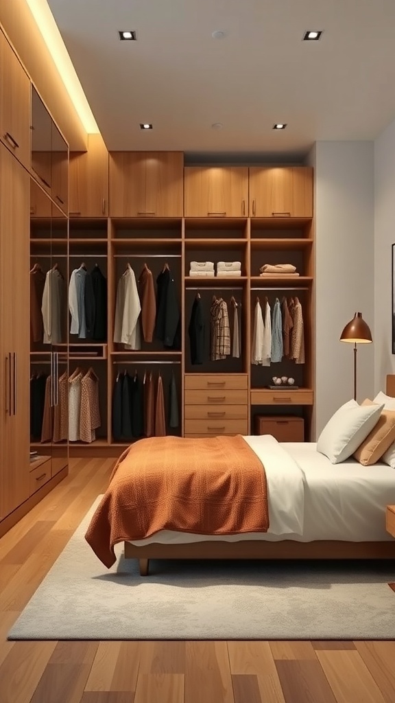 A cozy bedroom featuring a fitted wardrobe with wooden finishes and a neatly made bed.