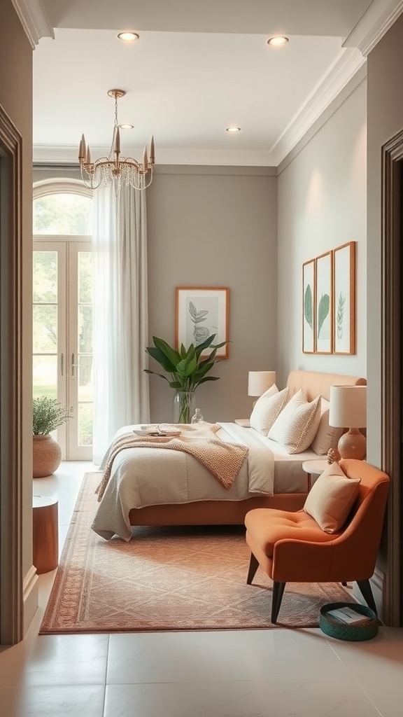 A cozy small foyer with a chandelier, orange chair, and plants, creating a welcoming atmosphere.